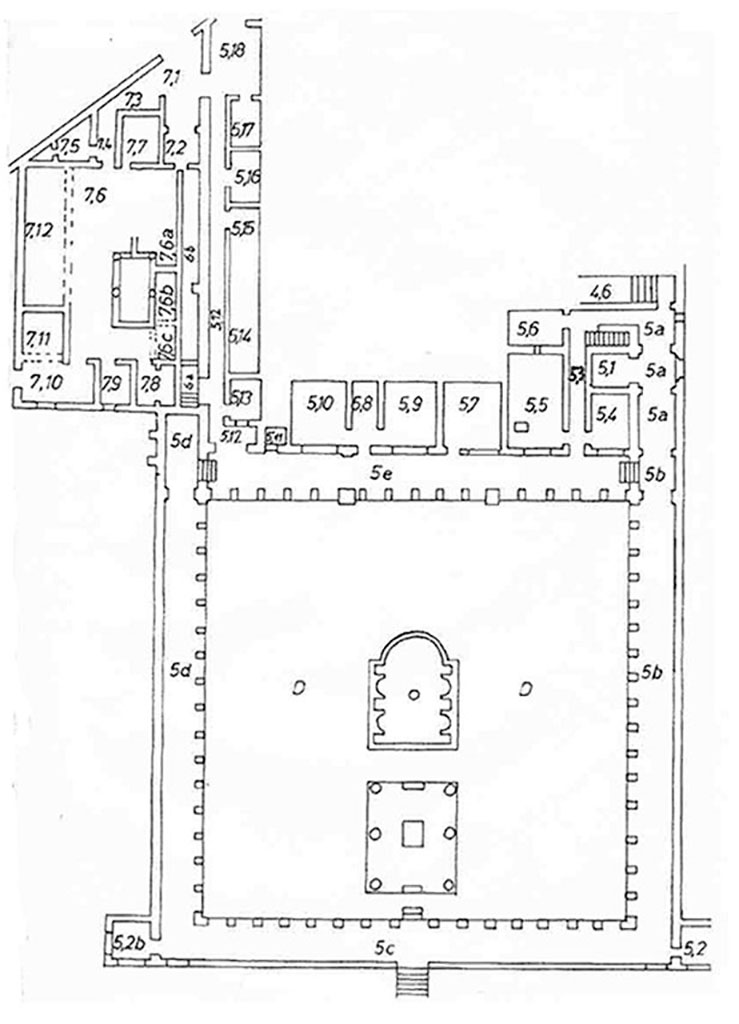 Villa of Diomedes. Room plan of garden and service areas by T. H. M. Fontaine.
See Fontaine, T. H. M., 1991. Die Villa di Diomede in Pompeji. Baugeschichtliche, typologische un stilistische Untersuchungen, Université de Trier, 1991, Abb. 4.